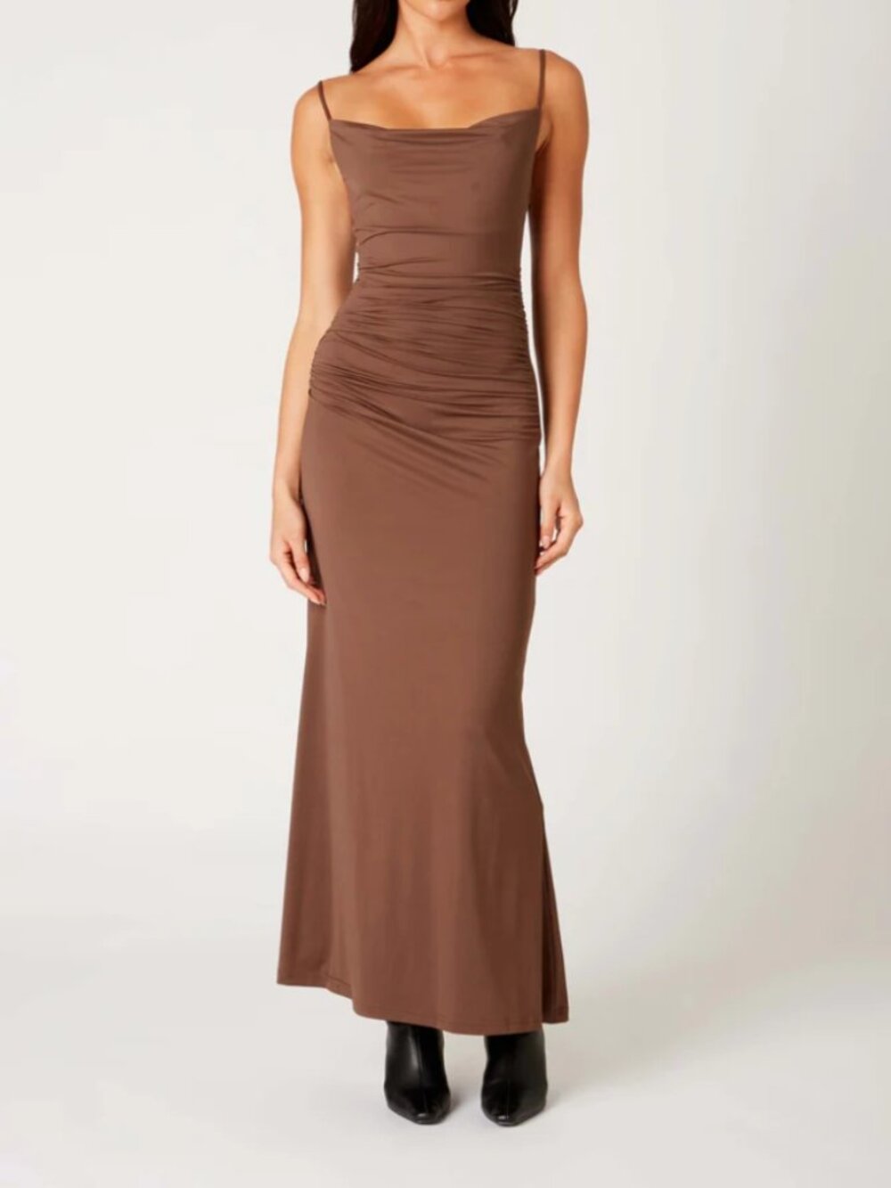 NIA Ina Dress Chocolate Brown Cowl Neck Ruched Full Length Bridesmaid Sze L NWOT